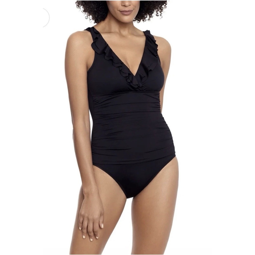Lauren Ralph Lauren Black Ruffled Straps Ruched One Piece Swimsuit Beach Size 6